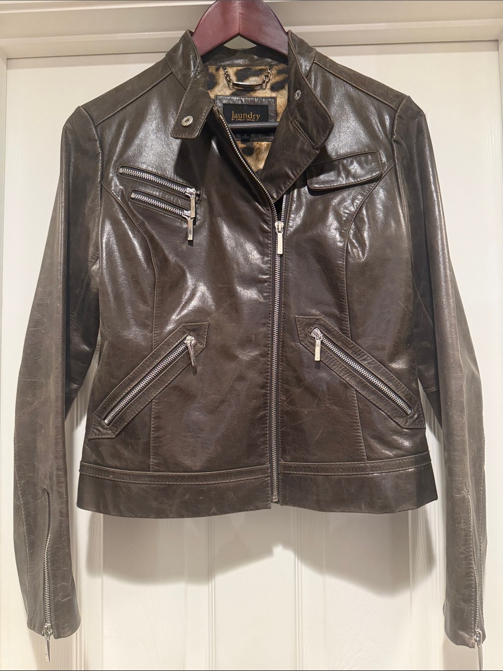 Laundry by Shelli Segal Women's Dark Brownish Khaki Leather Moto Jacket 🔥